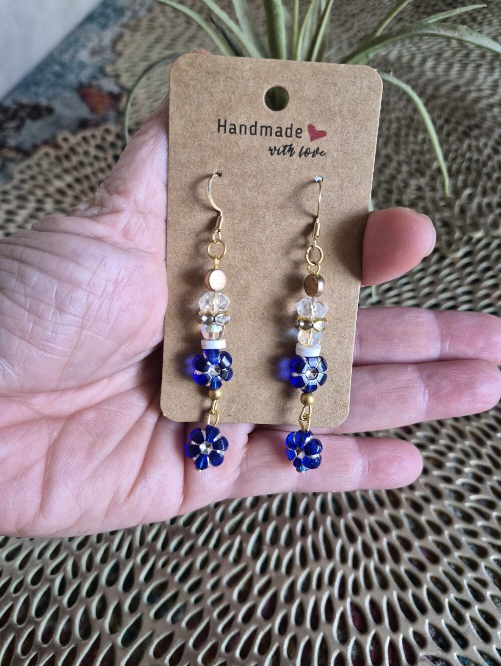 Handmade Blue Floral Dangle Earrings - Gold Accents